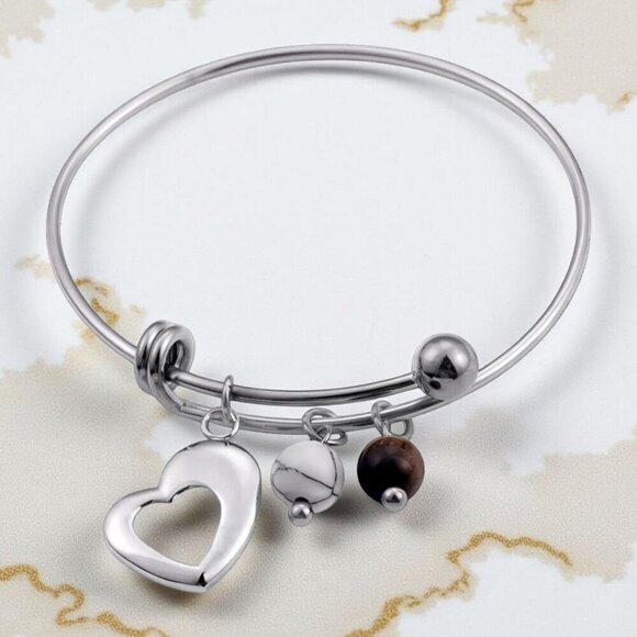 Boho Minimalist Bangle with Heart Tiger's Eye Magnesite Charms 18K Gold Plated - Picture 1 of 13